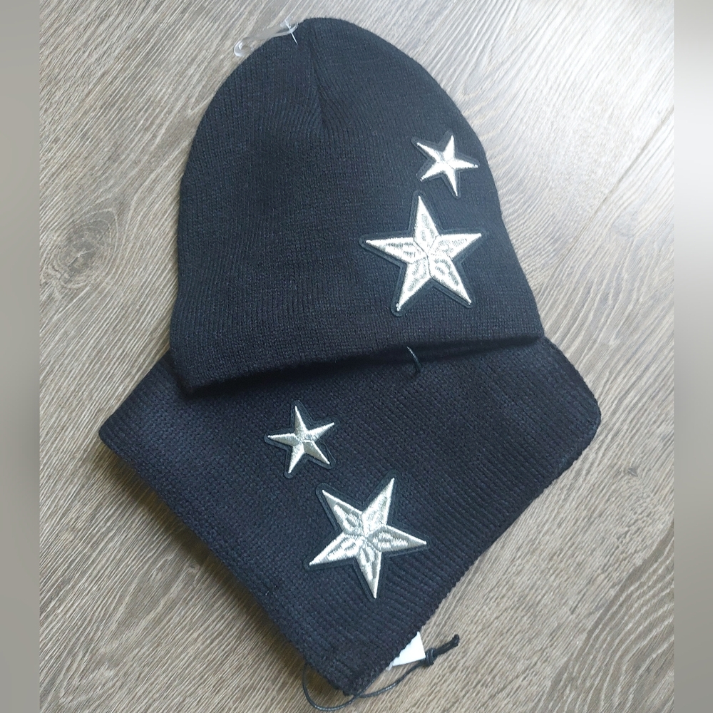 Rebecca Minkoff scarf + beanie set. Black knit with star embroidered detail NWT